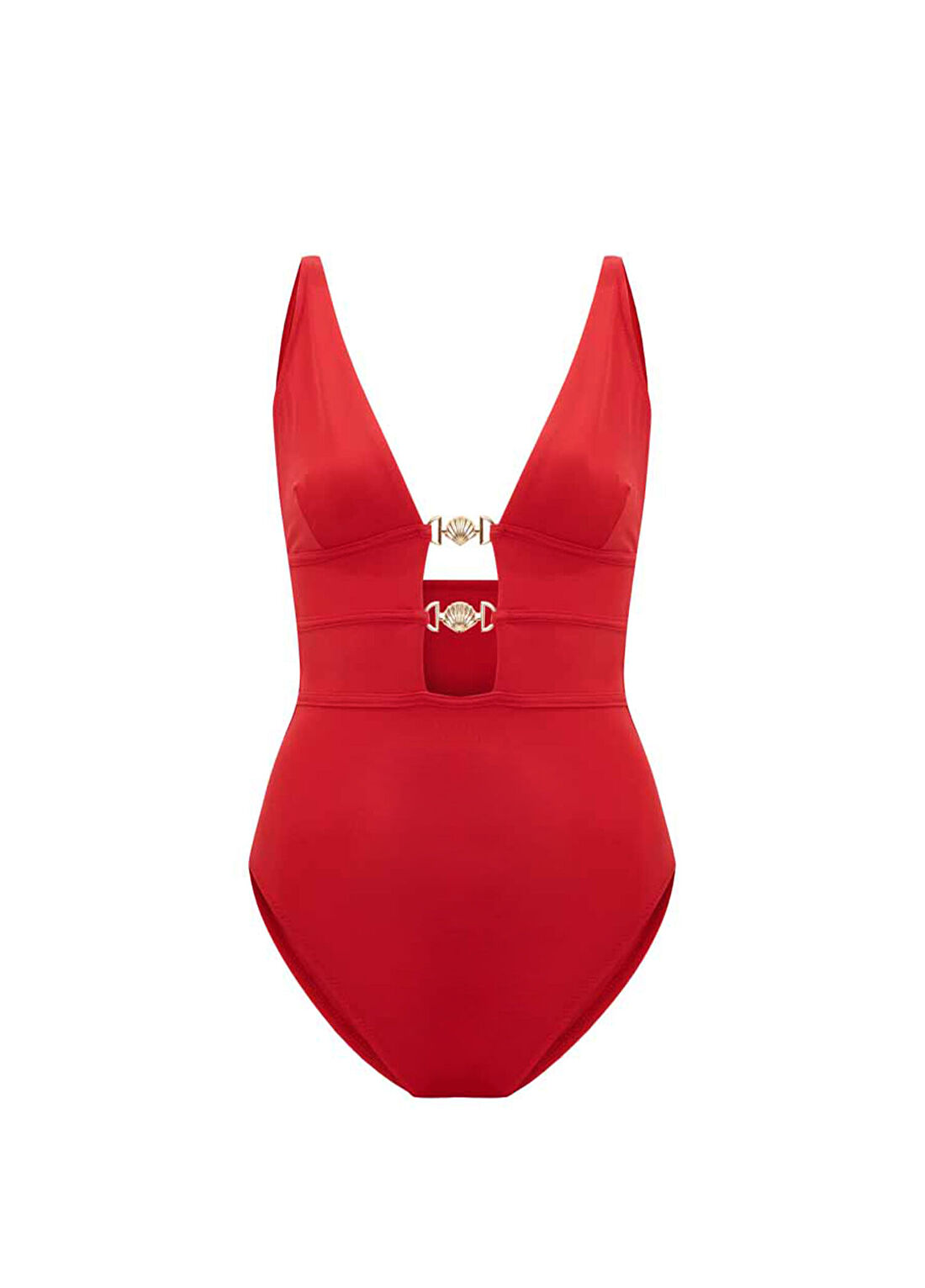 Bia Swimwear Thalena Cherry Altın Deniz Kabuğu Aksesuarlı V Yaka Pencereli Mayo