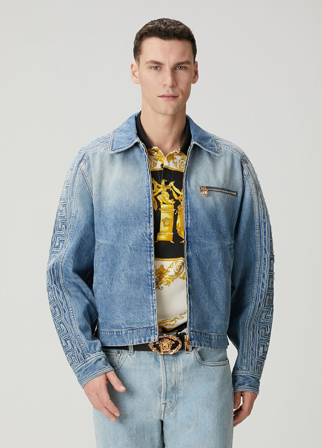 Versace Mavi Logo Nakışlı Denim Ceket