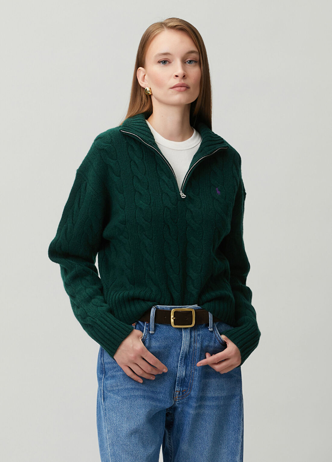 Polo Ralph Lauren Koyu Yeşil Saç Örgü Yün Kazak