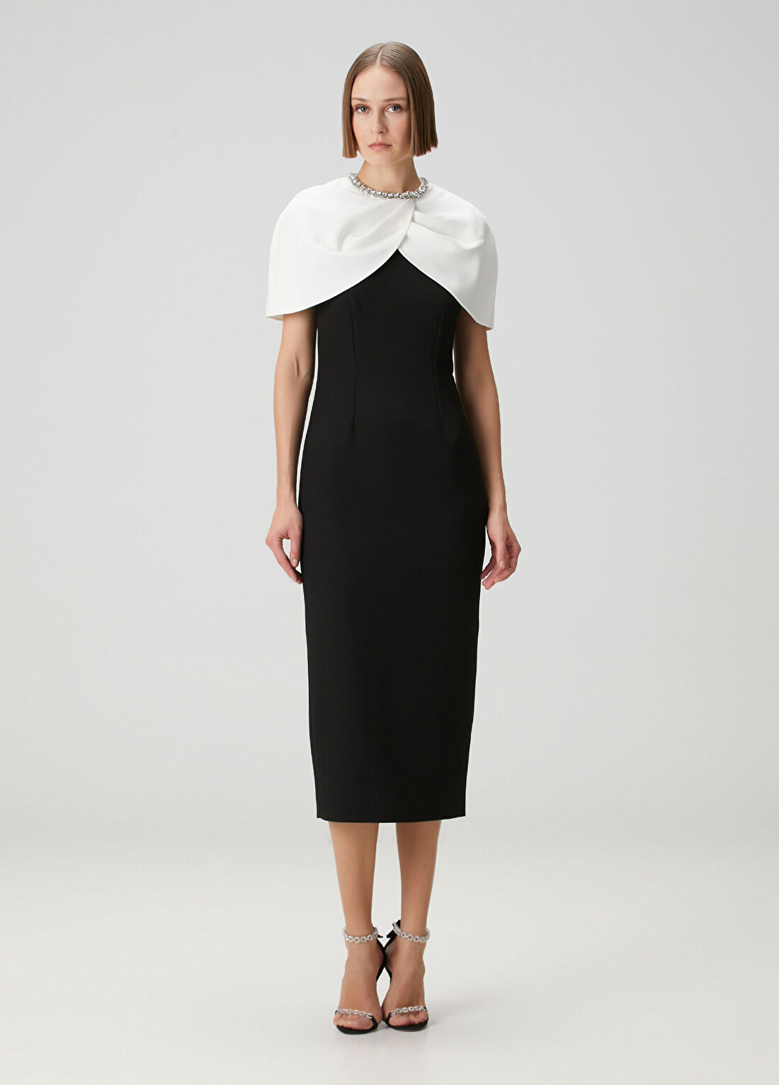 Roland Mouret Siyah Beyaz Midi Abiye Elbise