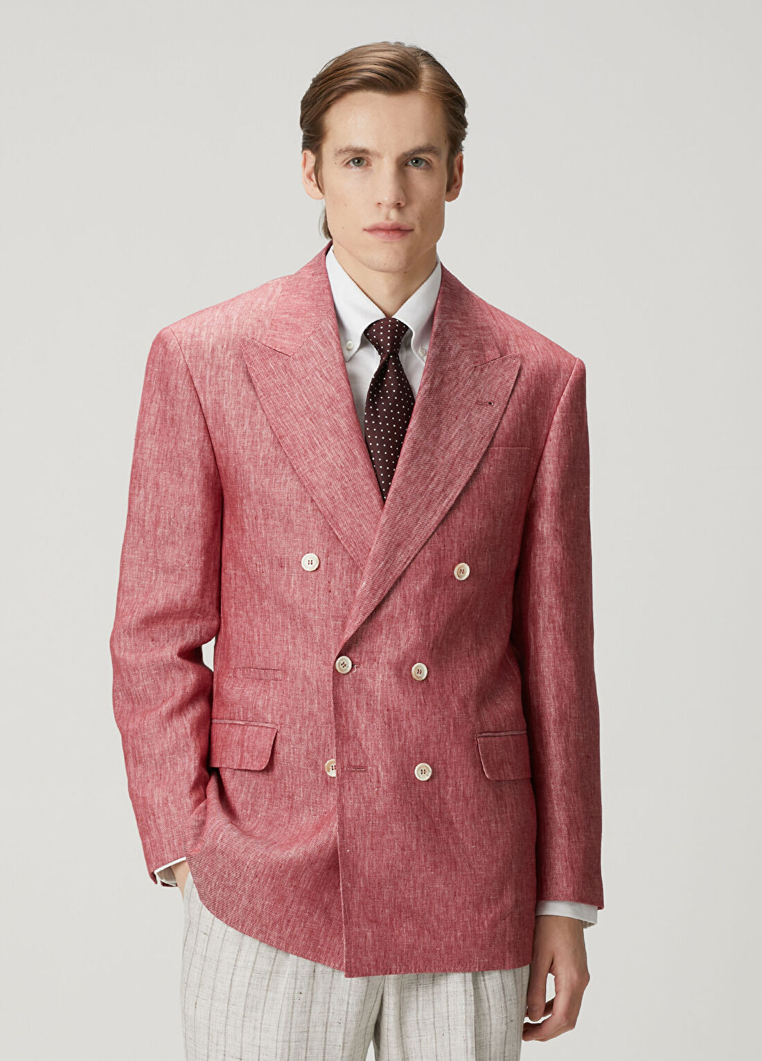 Brunello Cucinelli Koyu Pembe Keten Kruvaze Ceket