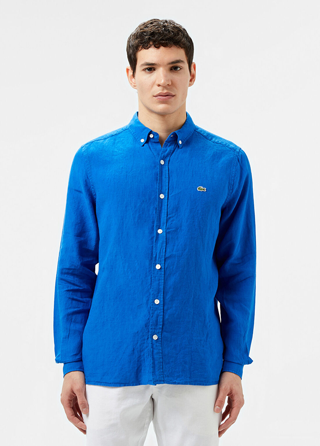 Lacoste Mavi Keten Düğmeli Yaka Regular Fit Uzun Kollu Erkek Gömlek