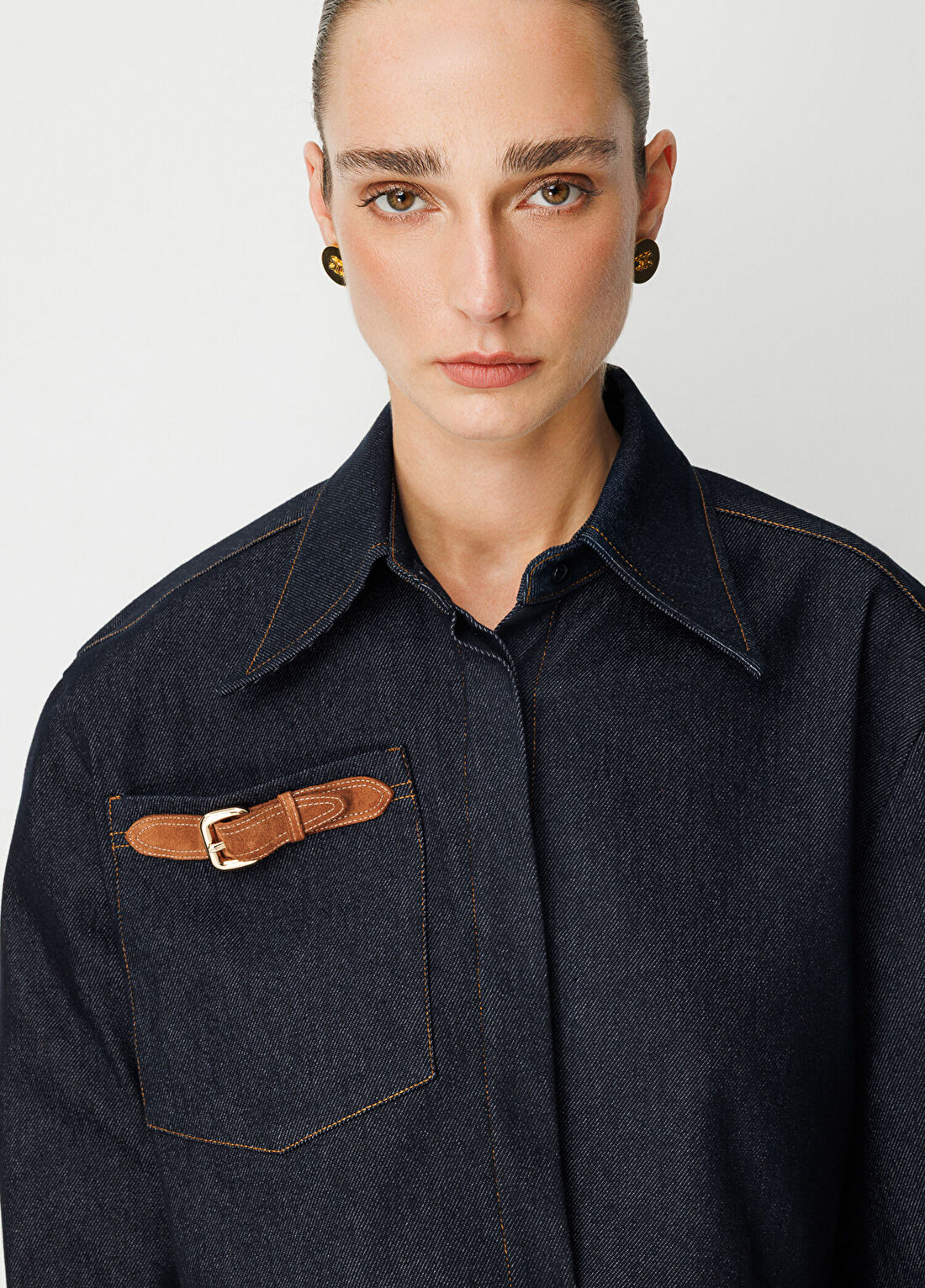 Wabi Sabi No5 Lacivert Denim Süet Detaylı Uzun Kollu Kadın Gömlek görsel 4
