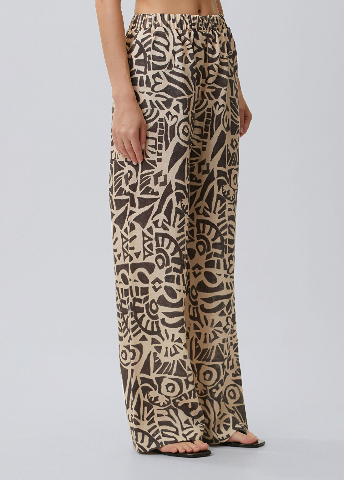 Beymen Collection Kahverengi Krem Geometrik Desenli Keten Pantolon görsel 3