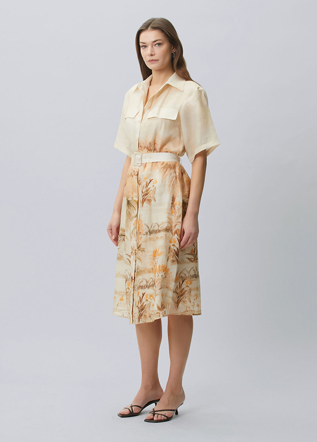 Beymen Collection Bej Palmiye Desenli Keten Gömlek görsel 3