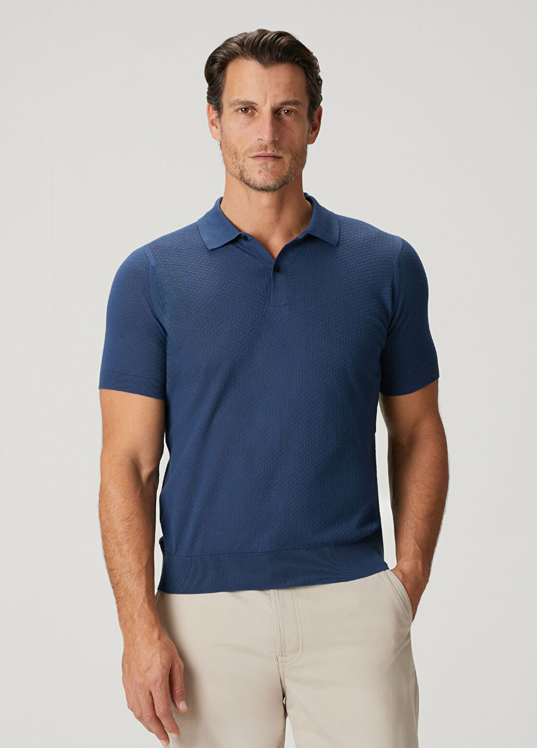 John Smedley Calun Mavi Polo Yaka Dokulu Kısa Kollu Triko