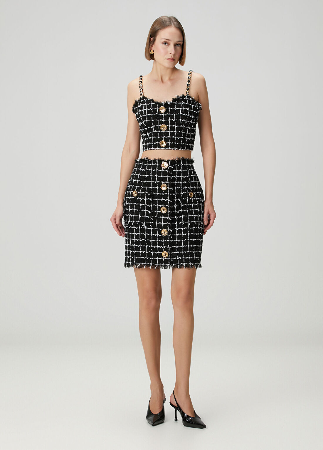 Balmain Siyah Beyaz Mini Tweed Etek