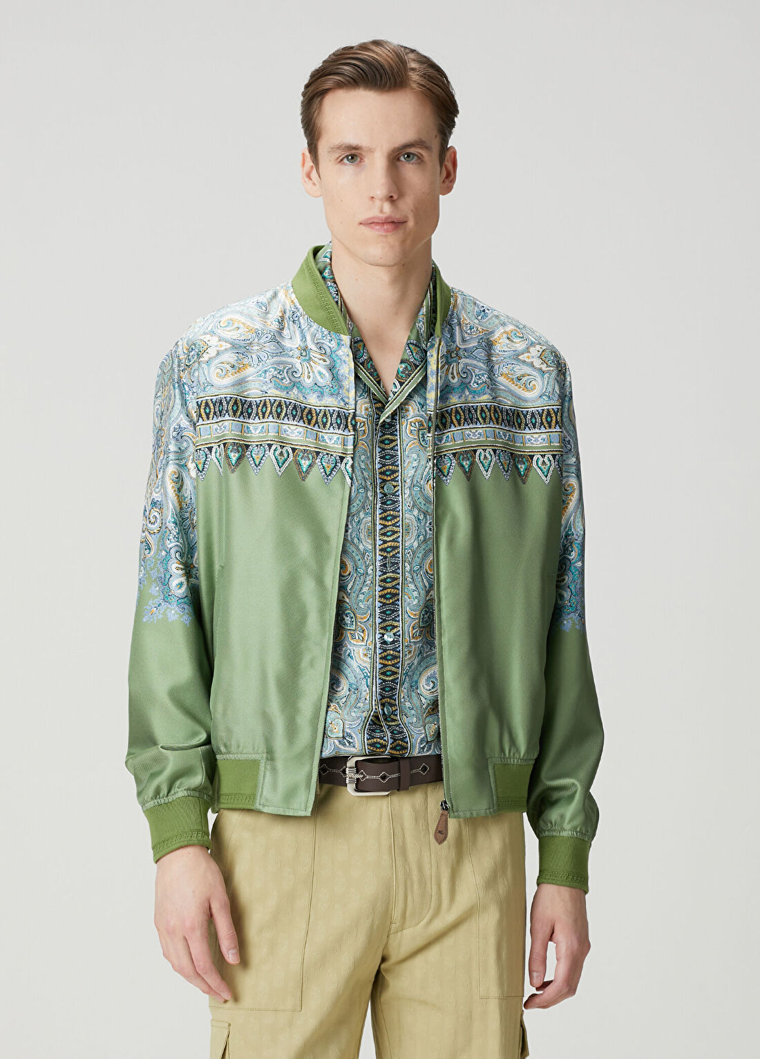 Etro Çok Renkli Yeşil Etnik Desenli İpek Bomber Mont