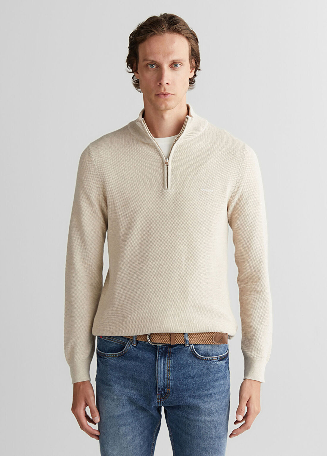 Gant Bej Regular Fit Yarım Fermuarlı Erkek Triko Kazak