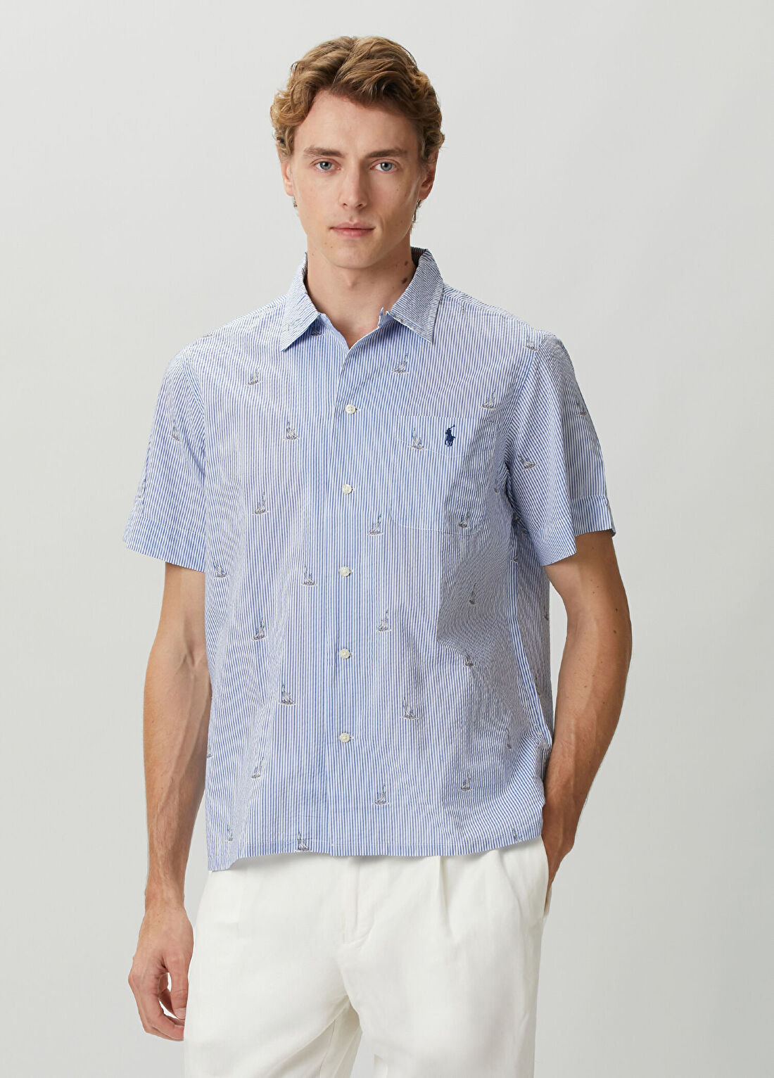 Polo Ralph Lauren Mavi Beyaz Çizgi Desenli Kısa Kollu Gömlek