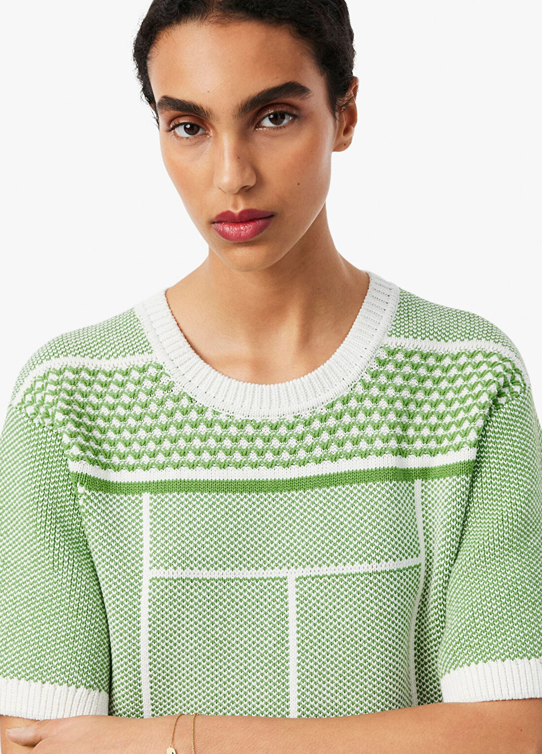 Lacoste Yeşil Desenli Classic Fit Bisiklet Yaka Kısa Kollu Kadın Elbise görsel 3
