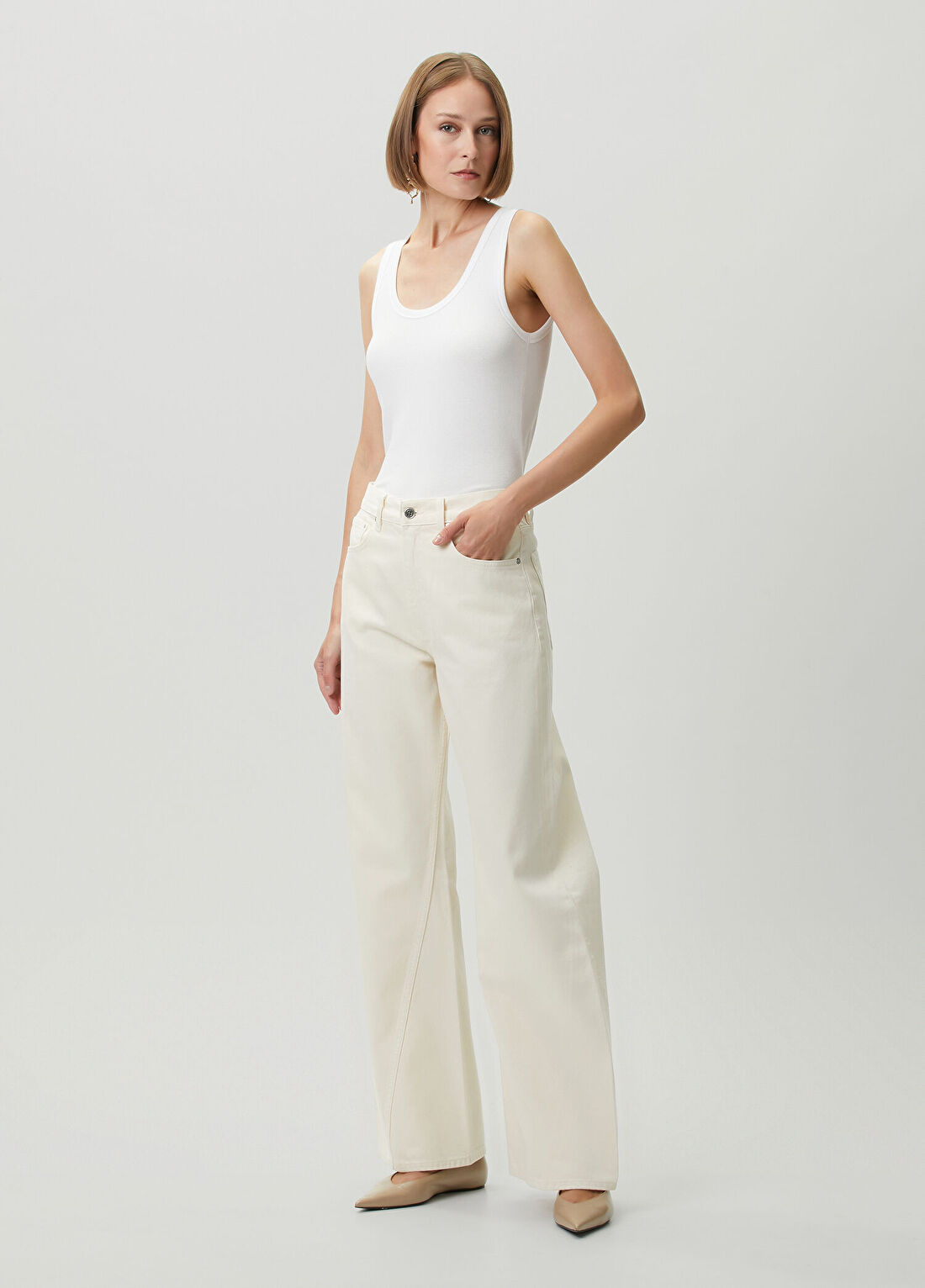 Anine Bing Krem Wide Leg Jean Pantolon
