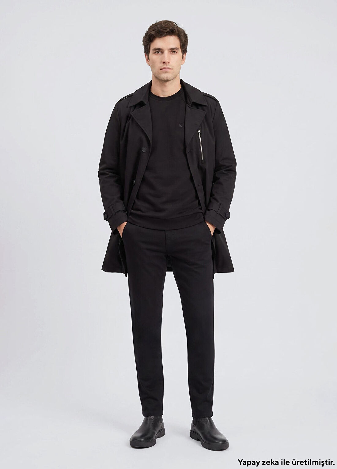Network Slim Fit Siyah Mono Kapamalı Kuşaklı Pardösü