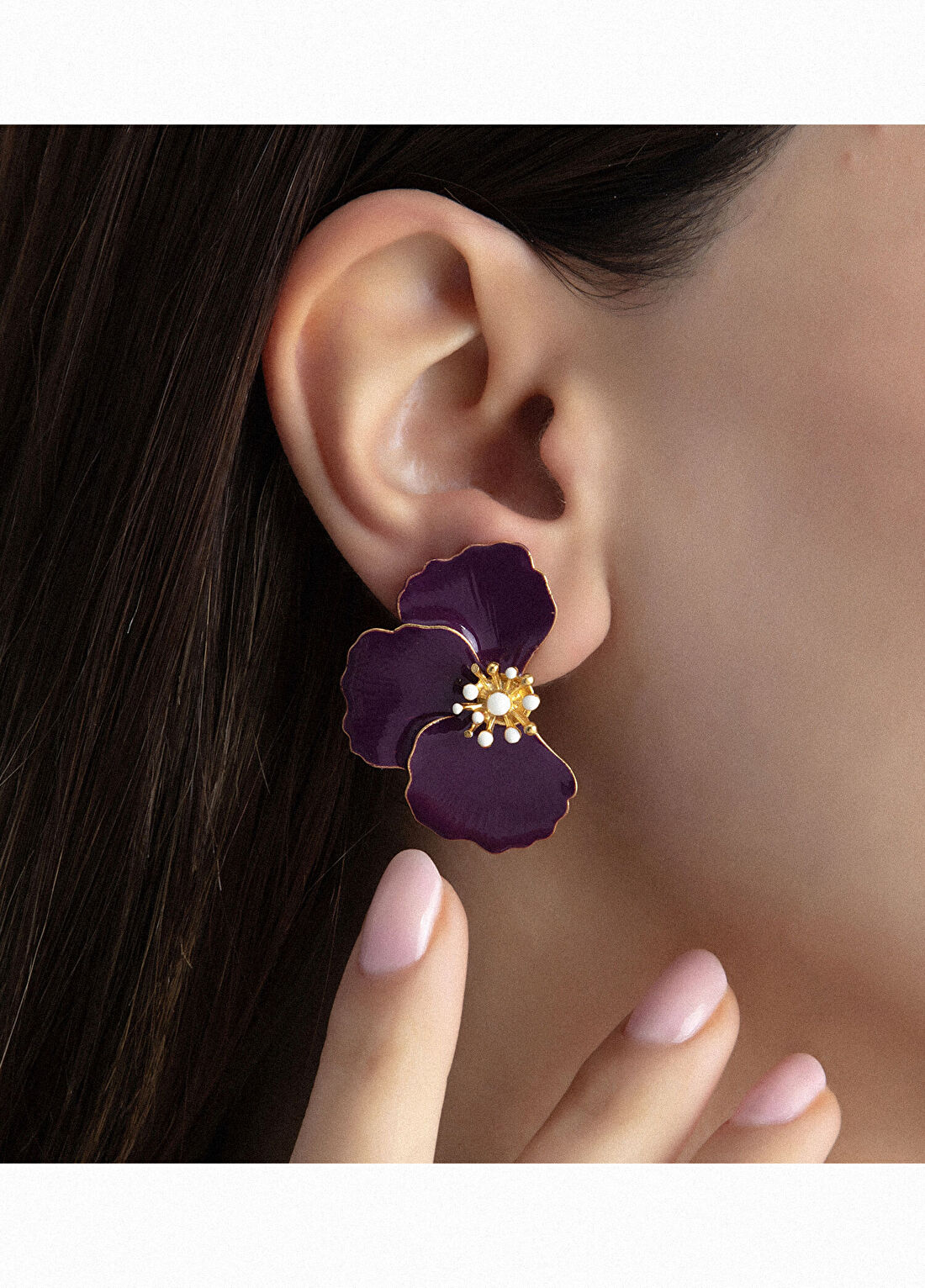 Milou Jewelry Poppy Çiçek Mor Mineli 22 Ayar Altın Kaplama Kadın Küpe görsel 2