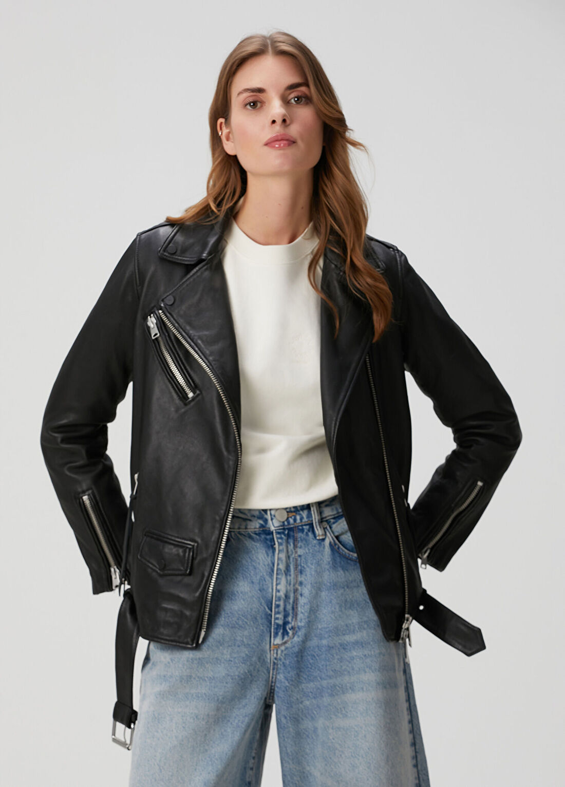 AllSaints Billie Relaxed Fit Siyah Deri Biker Ceket