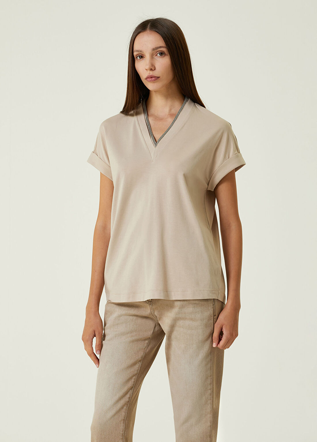 Brunello Cucinelli Bej V Yaka Zincir Şeritli T-shirt