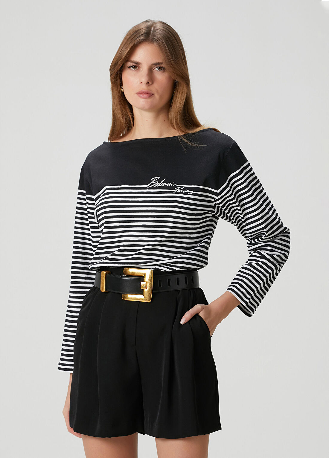 Balmain Siyah Beyaz Çizgili Uzun Kol T-shirt