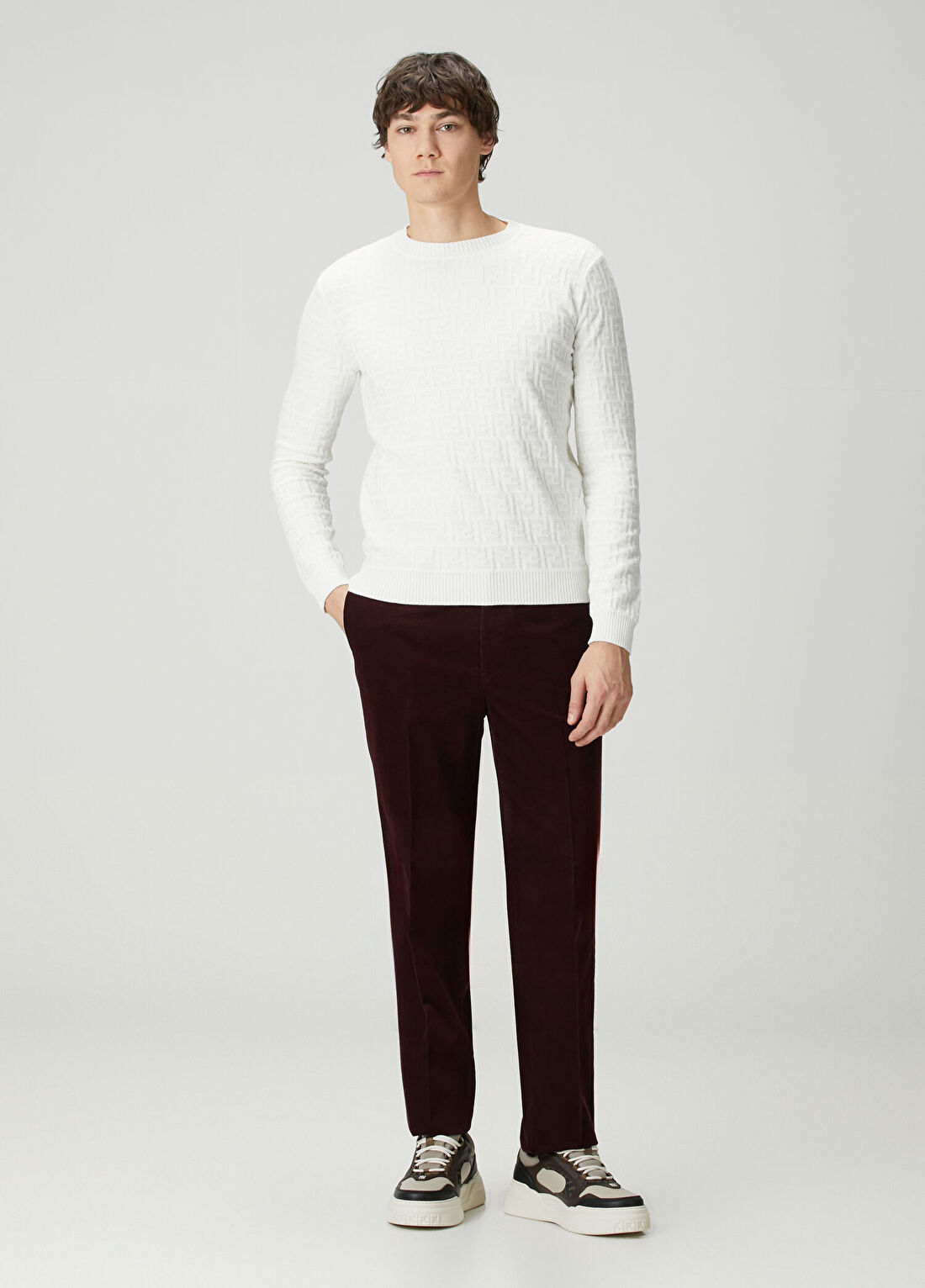 Fendi Bordo Logo Detaylı Kadife Pantolon