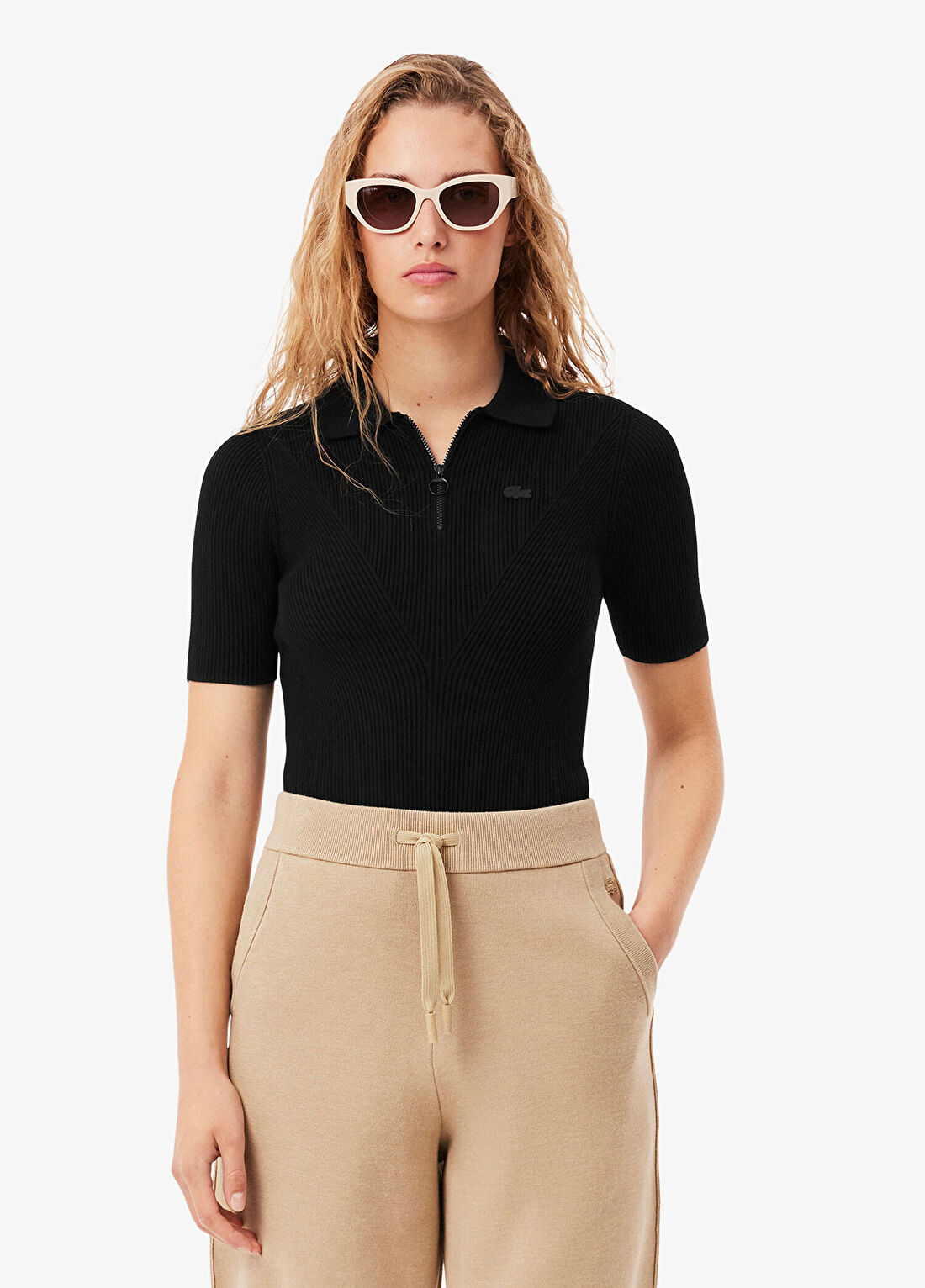 Lacoste Siyah Slim Fit Yarım Fermuarlı Kısa Kollu Kadın Triko
