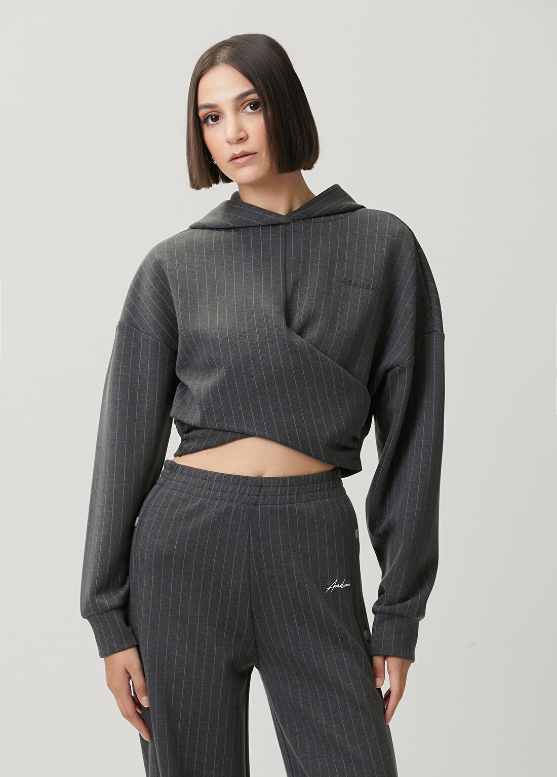Academia Koyu Gri Kapüşonlu Çizgili Sweatshirt