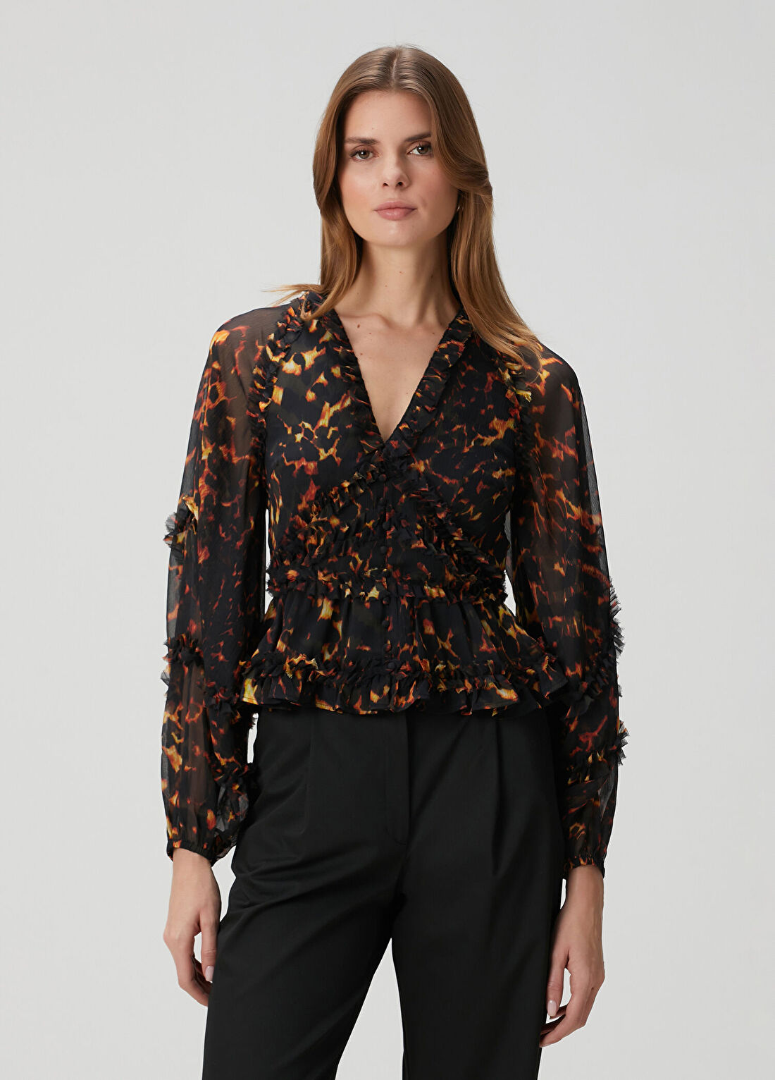 AllSaints Silvie Kahverengi Fırfırlı Bluz