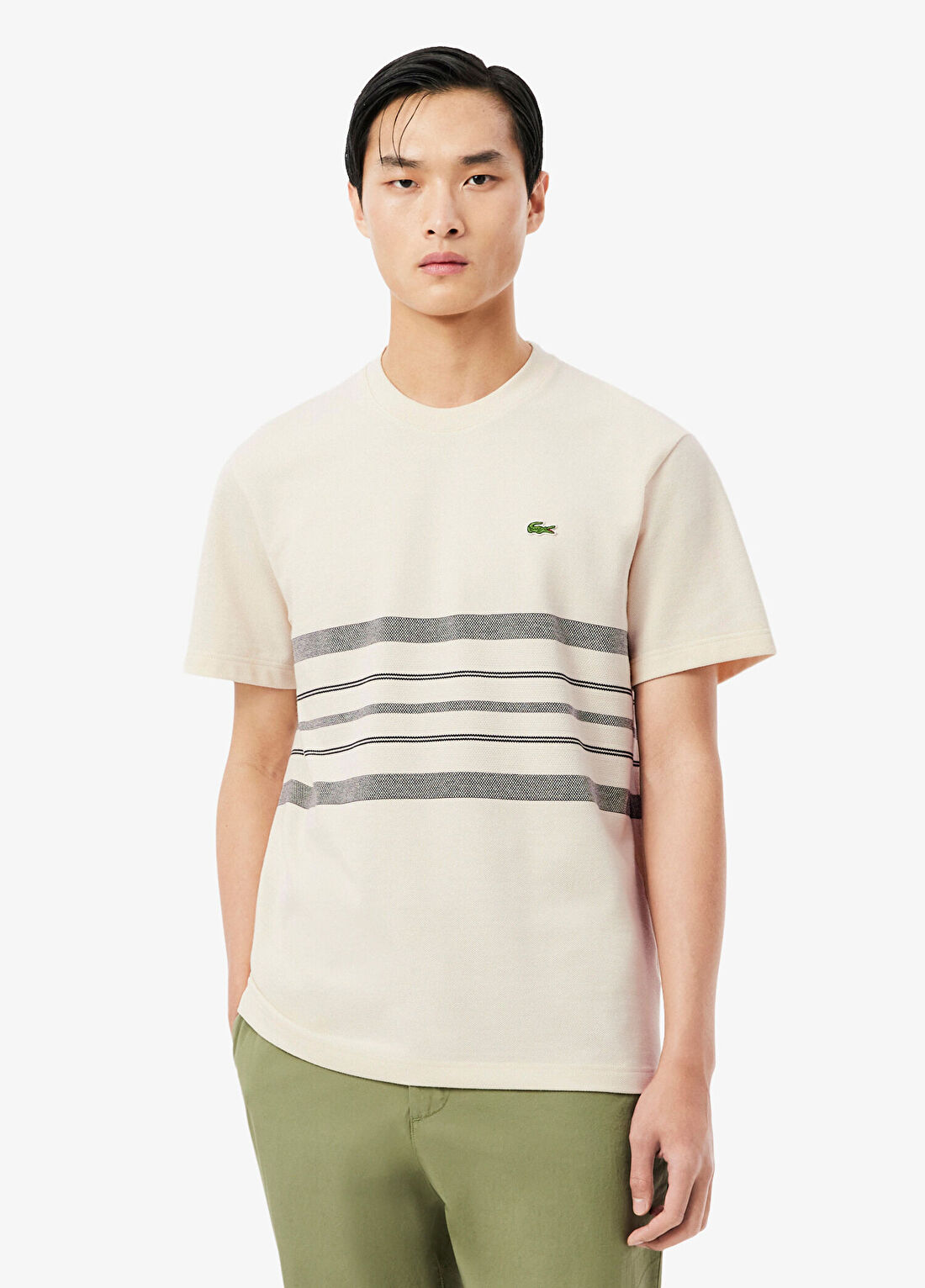 Lacoste Krem Çizgili Classic Fit Bisiklet Yaka Kısa Kollu Erkek T-Shirt