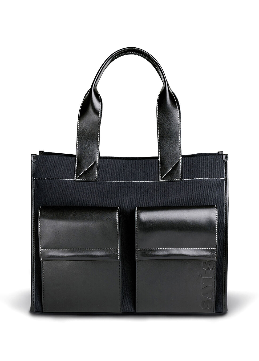 SAYÉS Stitched Pocket Maxi Tote Lacivert Siyah Deri Kadın Omuz Çantası