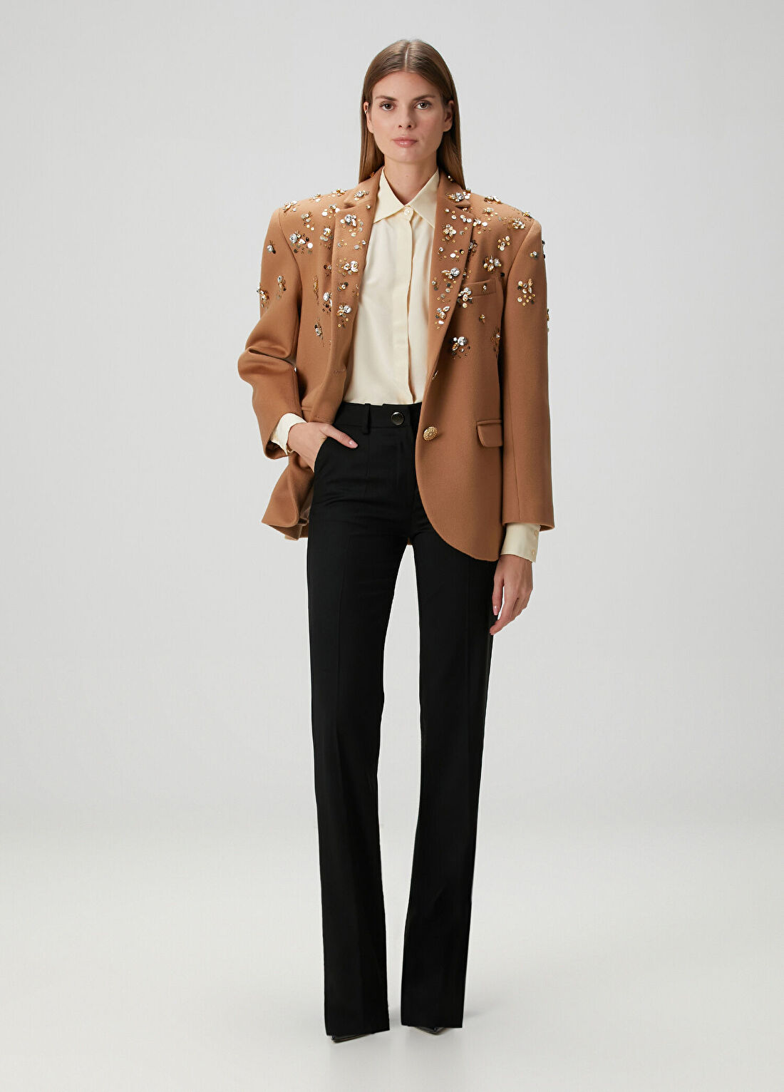 Melis Kaptanoğlu Camel Kaşmir Boncuk İşlemeli Kadın Blazer Ceket