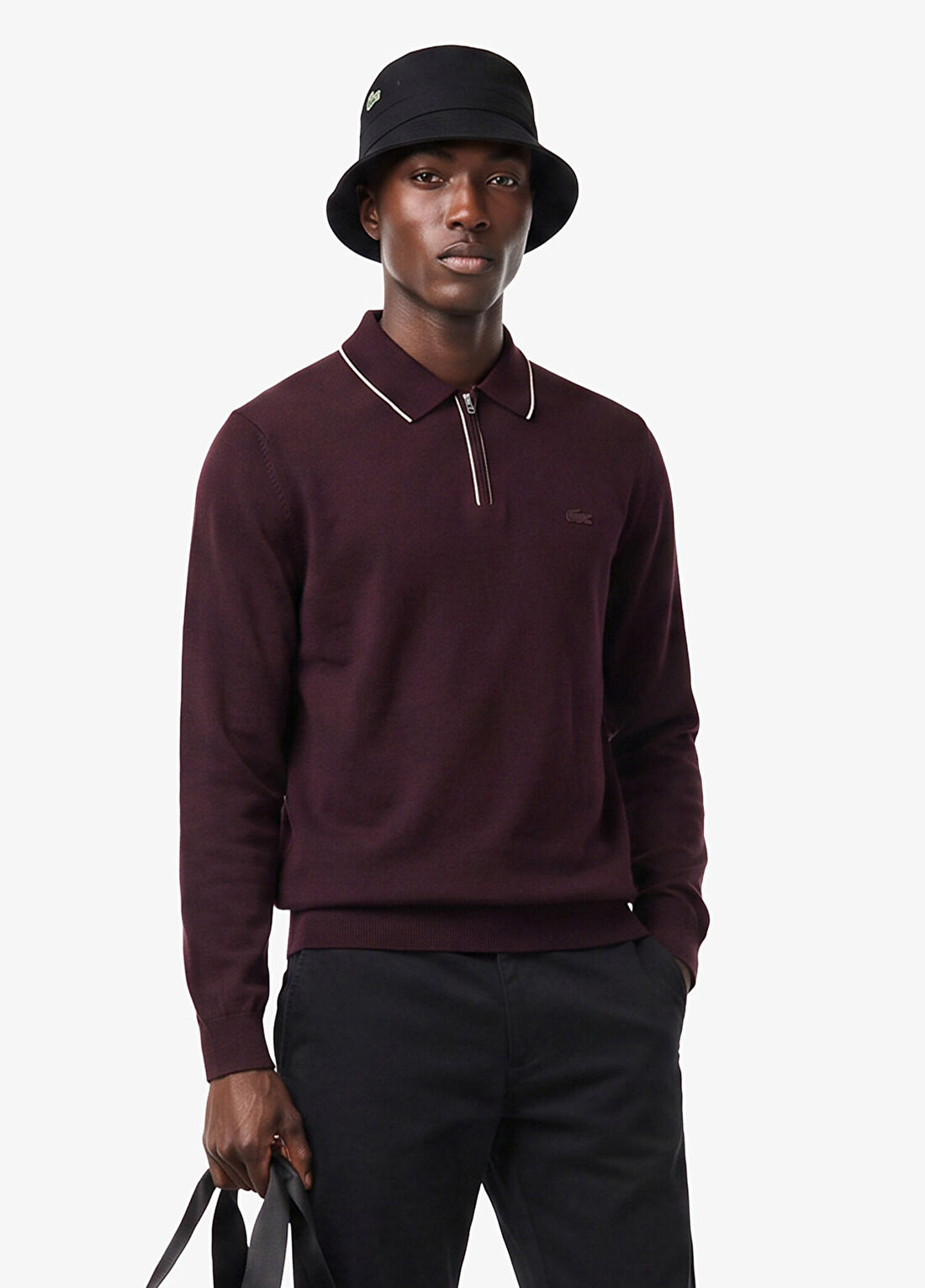 Lacoste Bordo Yün Regular Fit Yarım Fermuarlı Erkek Kazak