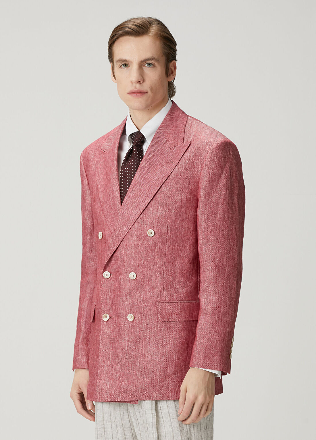 Brunello Cucinelli Koyu Pembe Keten Kruvaze Ceket görsel 3