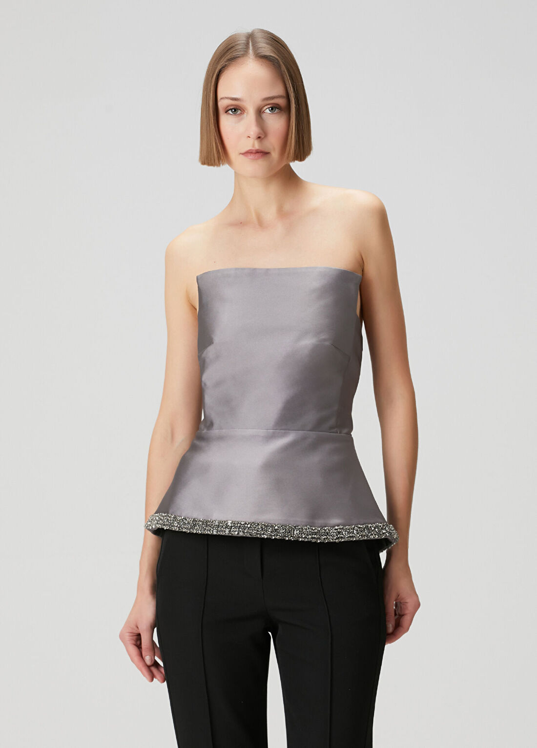Roland Mouret Gri Straplez Tafta Abiye Bluz