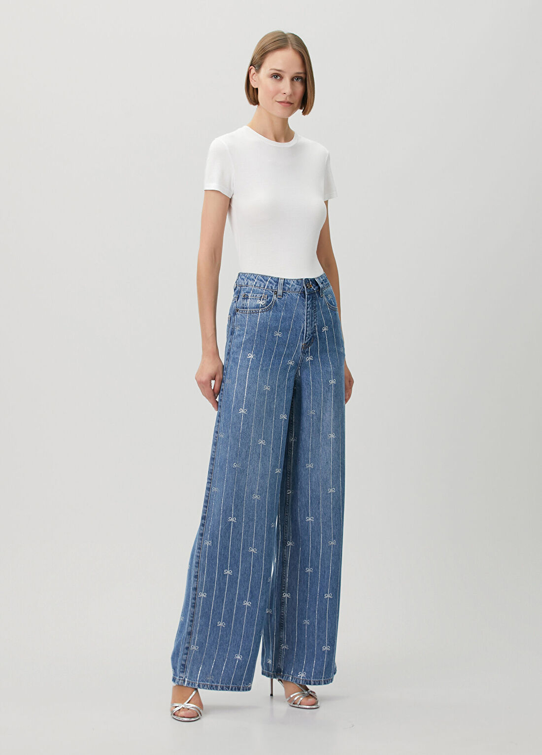 Self Portrait Mavi Taşlı Wide Leg Jean Pantolon