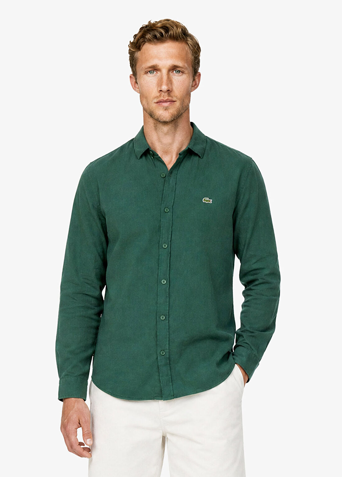 Lacoste Yeşil Keten Regular Fit Uzun Kollu Erkek Gömlek