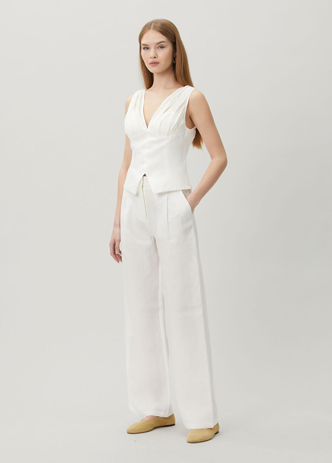 Dor Raw Luxury Ripple Ekru Keten Pantolon