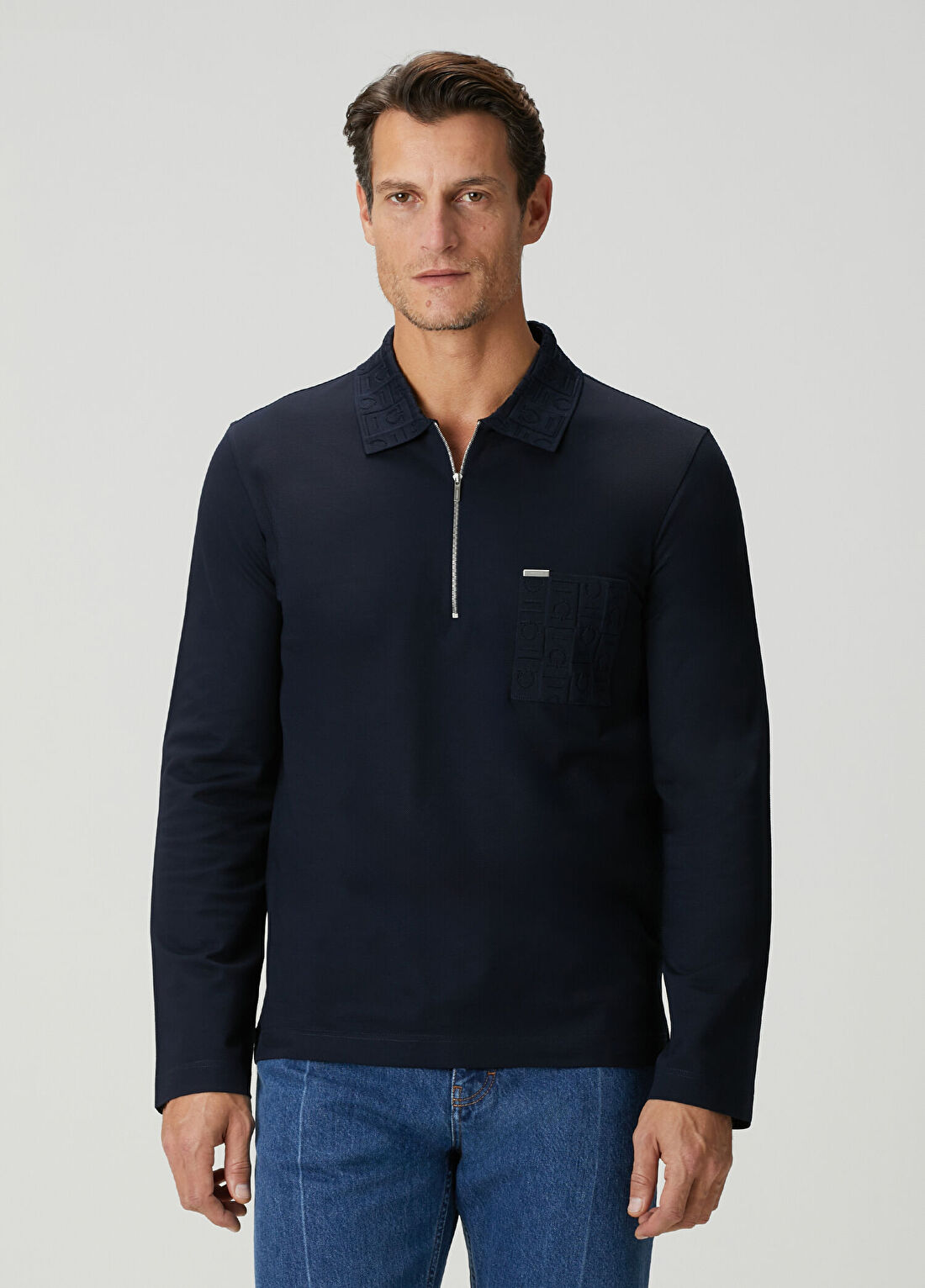 Ferragamo Lacivert Polo Yaka Sweatshirt