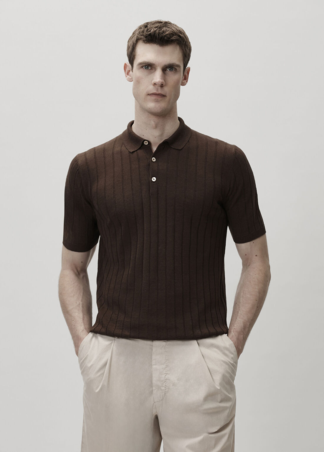 Boglioli Kahverengi Polo Yaka Çizgi Dokulu Keten T-shirt