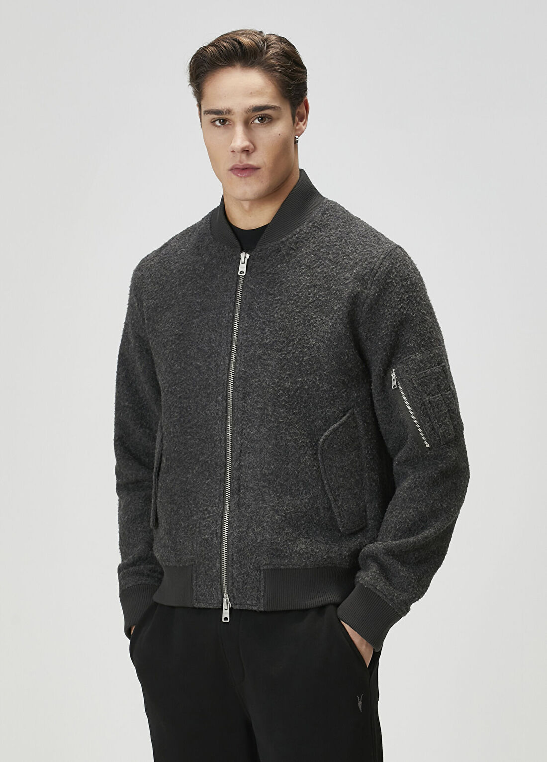 AllSaints Saku Koyu Gri Yün Bomber Mont görsel 3