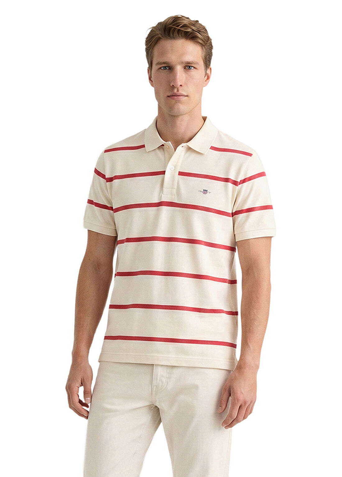 Gant Krem Çizgili Logolu Regular Fit Polo Yaka Kısa Kollu Erkek T-Shirt