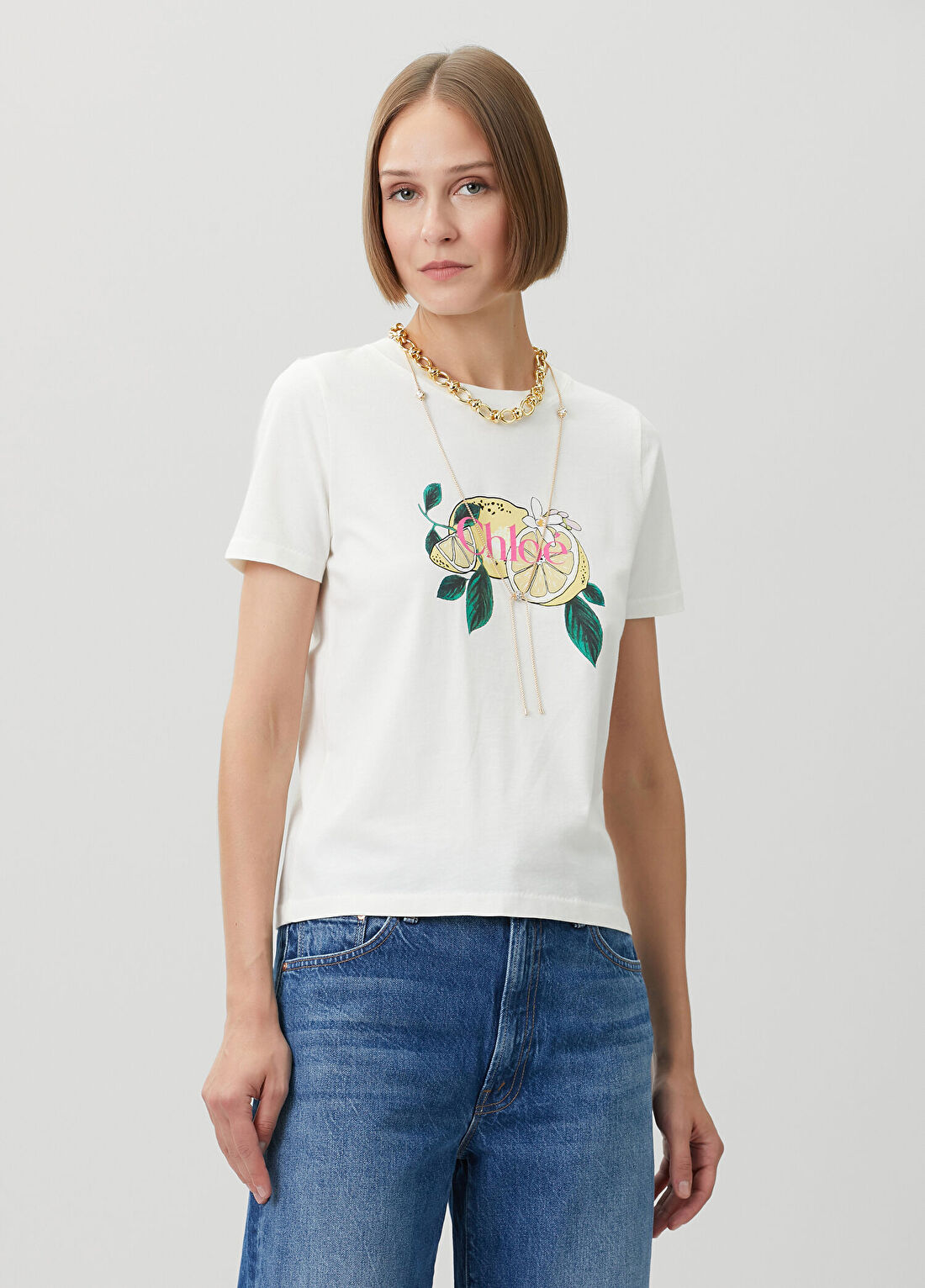 Chloe Beyaz Limon Baskılı T-shirt