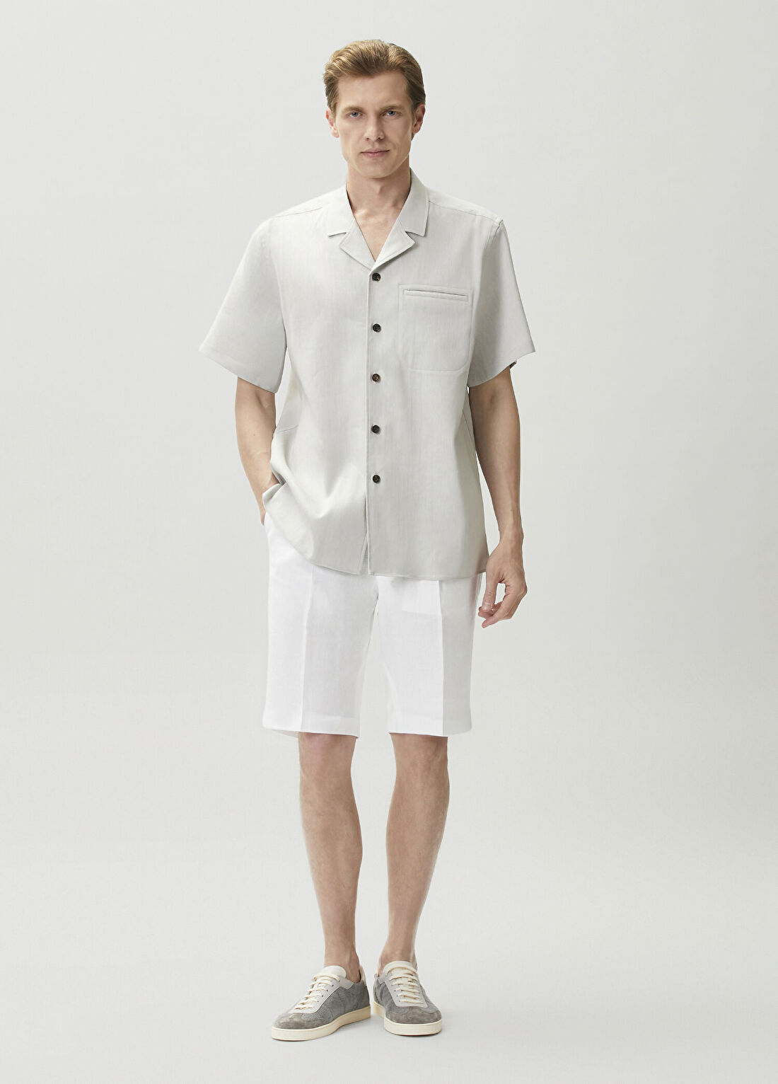 Corneliani Beyaz Beli Kordonlu Pilili Keten Bermuda