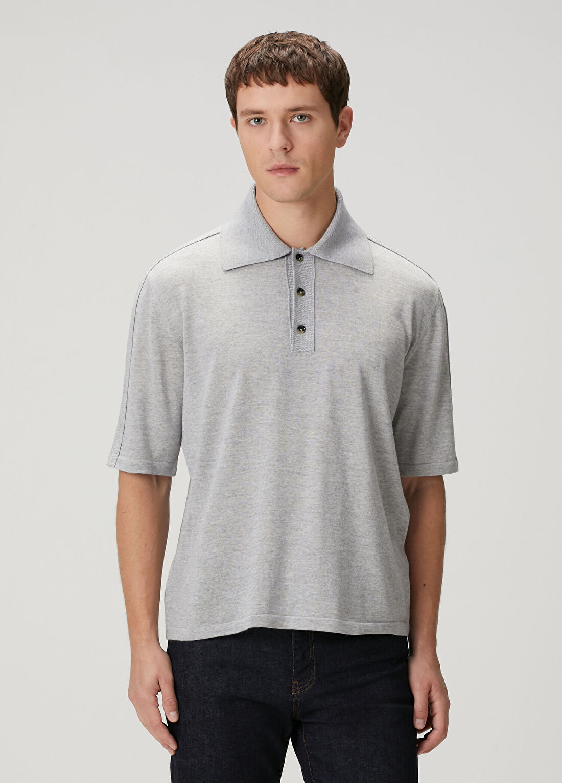 Bottega Veneta Gri Polo Yaka Yün Kısa Kollu Triko