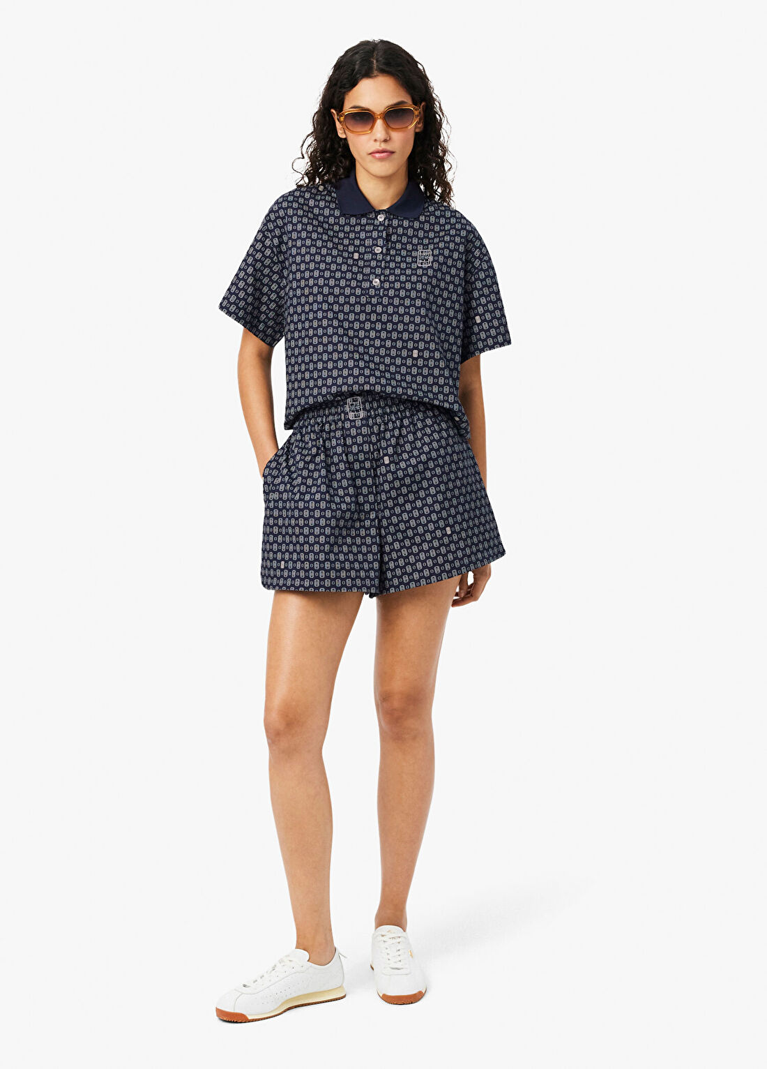 Lacoste Lacivert Oversize Fit Desenli Kadın Şort