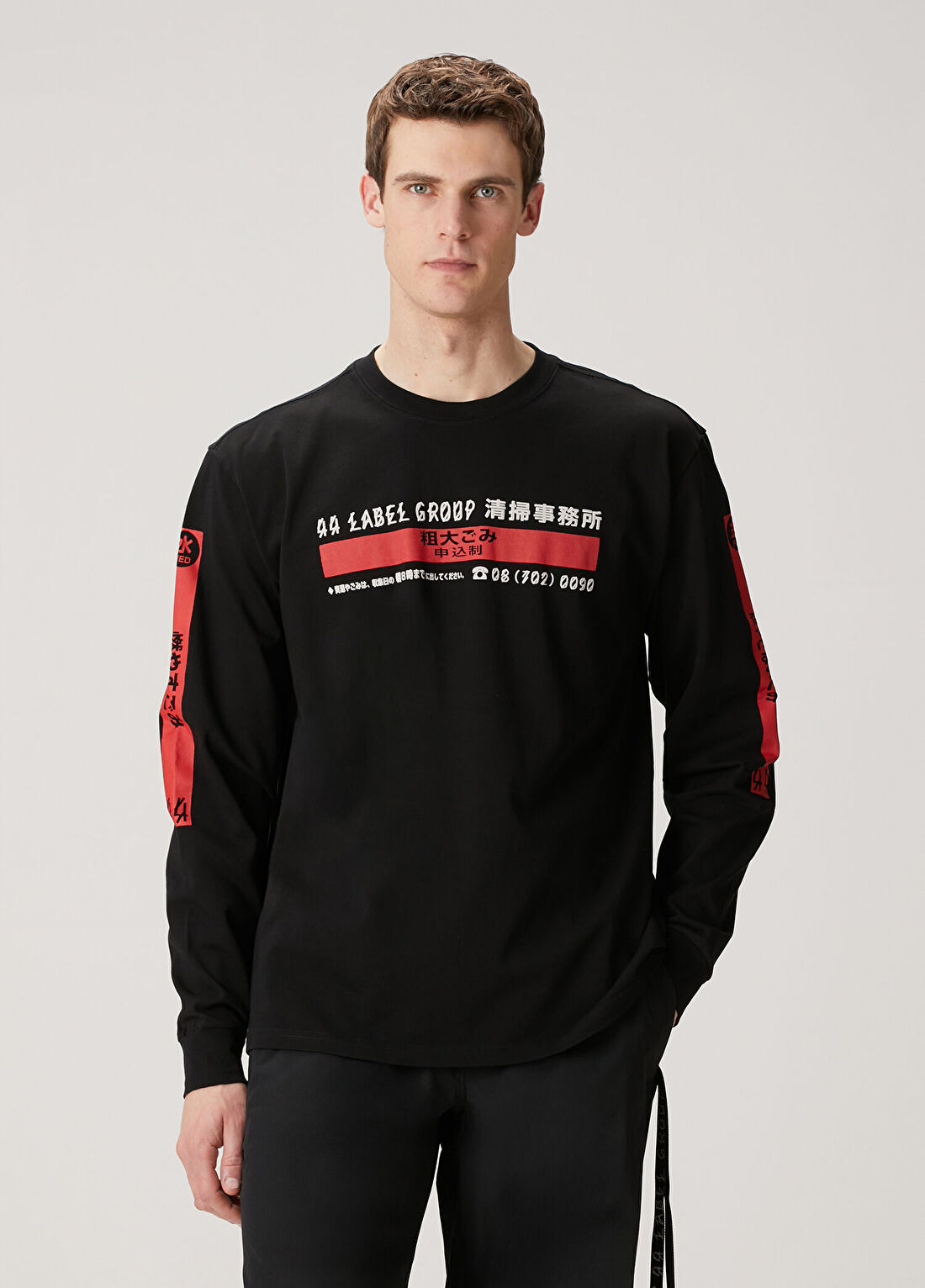 44 Label Group Siyah Logo Baskılı Uzun Kollu T-shirt