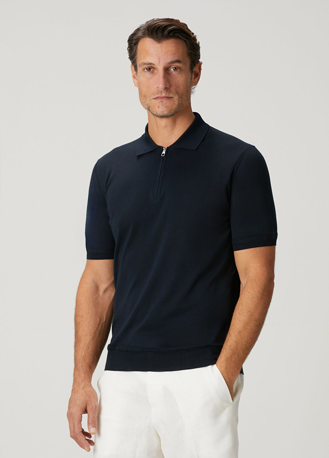 Brett Johnson Lacivert Polo Yaka Kısa Kollu Triko görsel 3