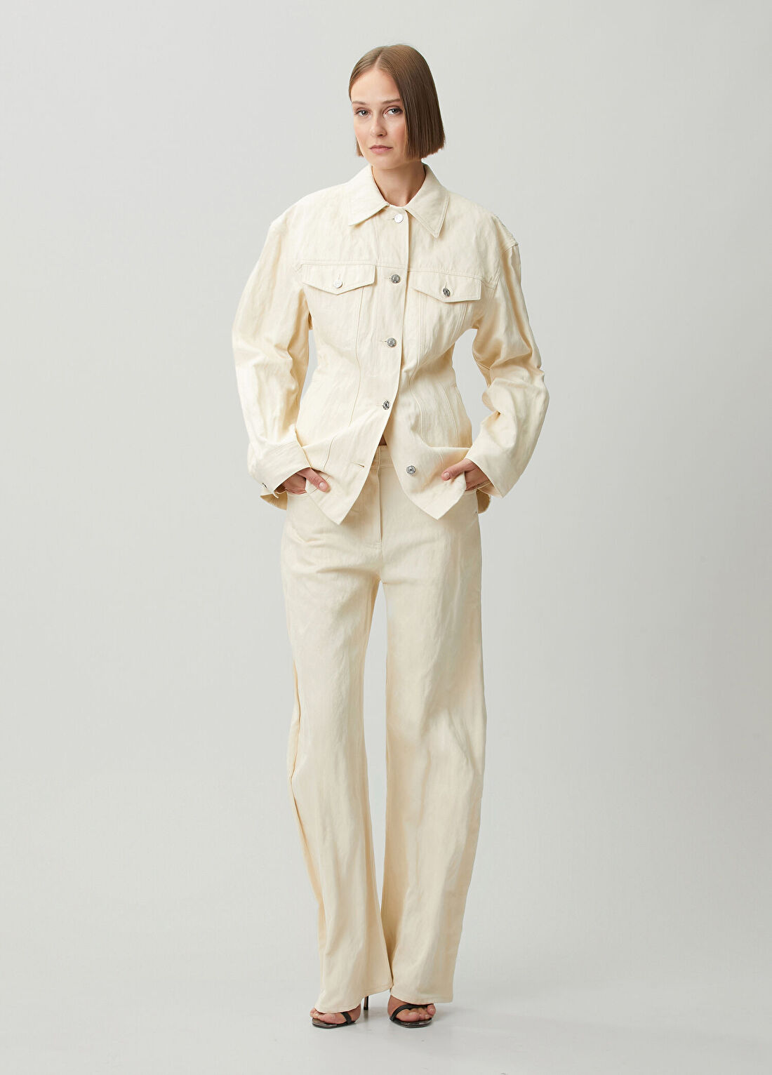 Helmut Lang Crushed Krem Bootcut Jean Pantolon