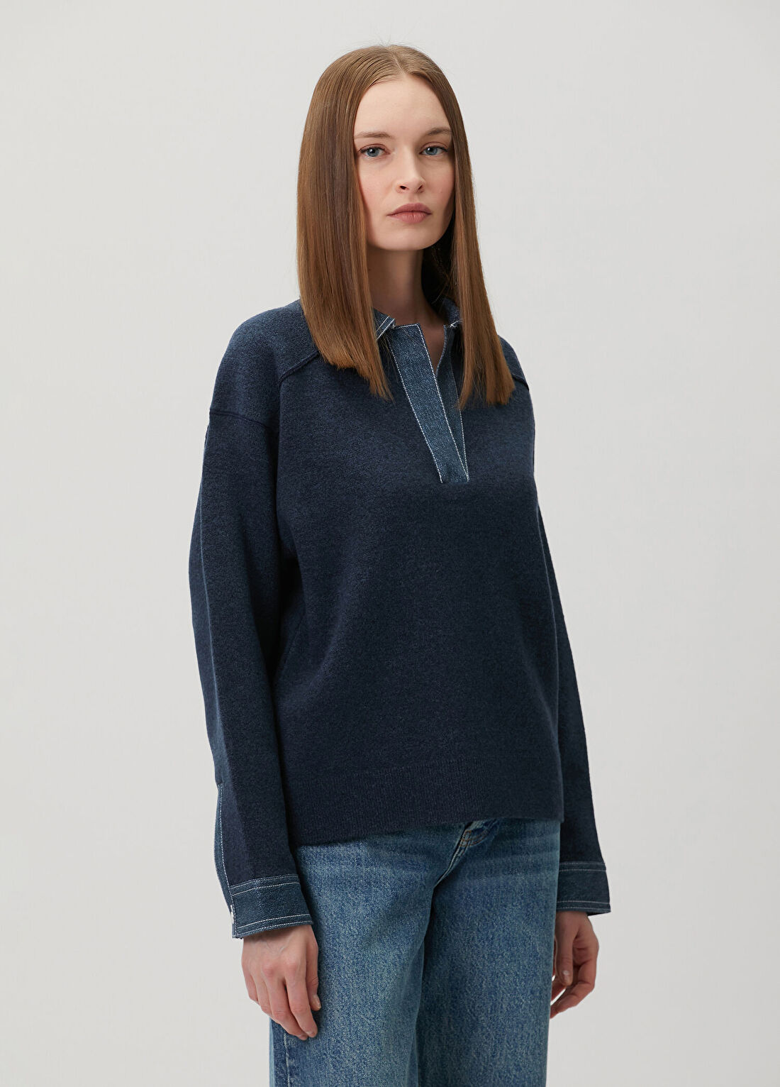Rag&Bone Marie Boxy Fit Koyu Mavi Denim Polo Triko