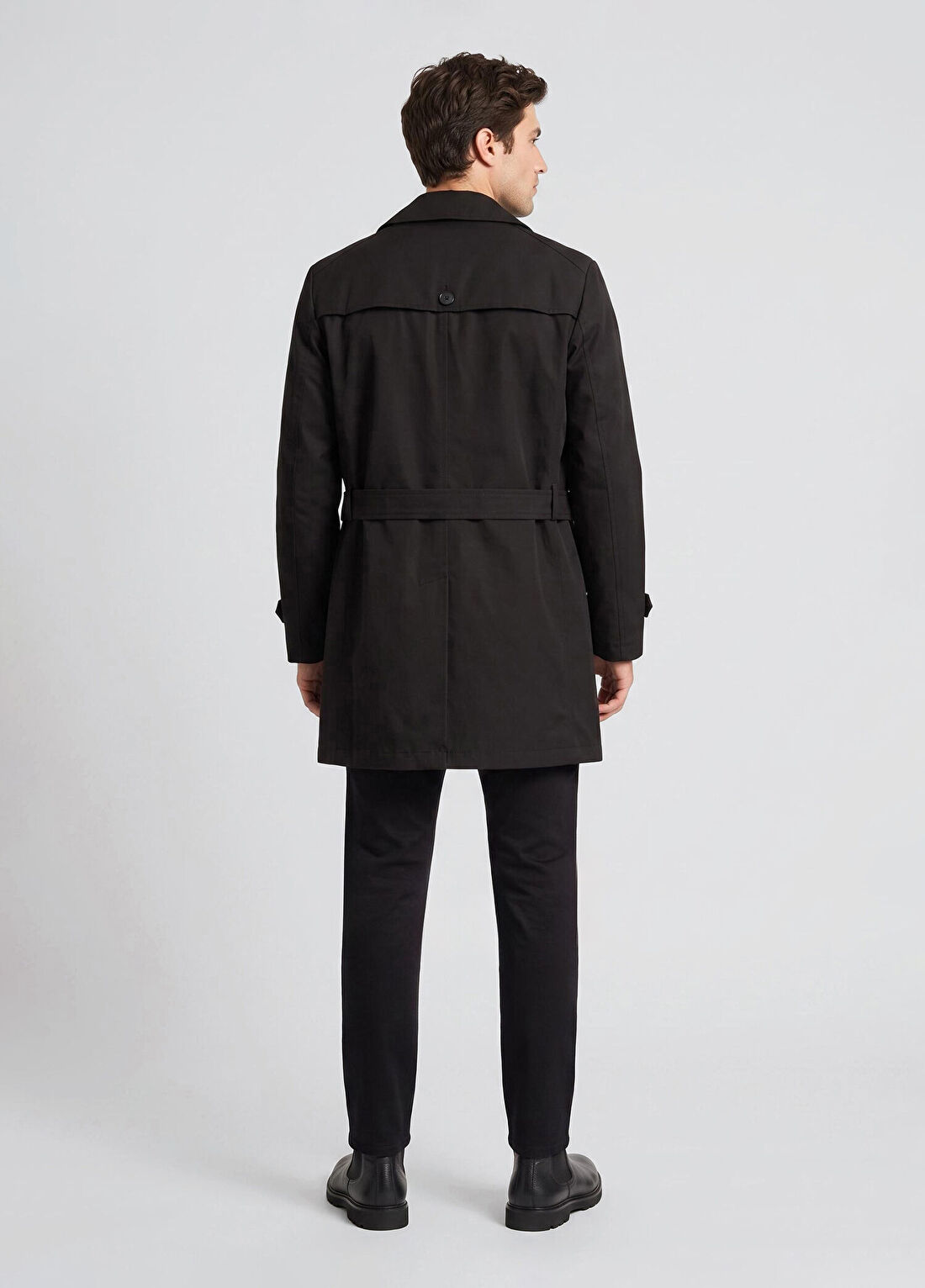 Network Slim Fit Siyah Mono Kapamalı Kuşaklı Pardösü görsel 4