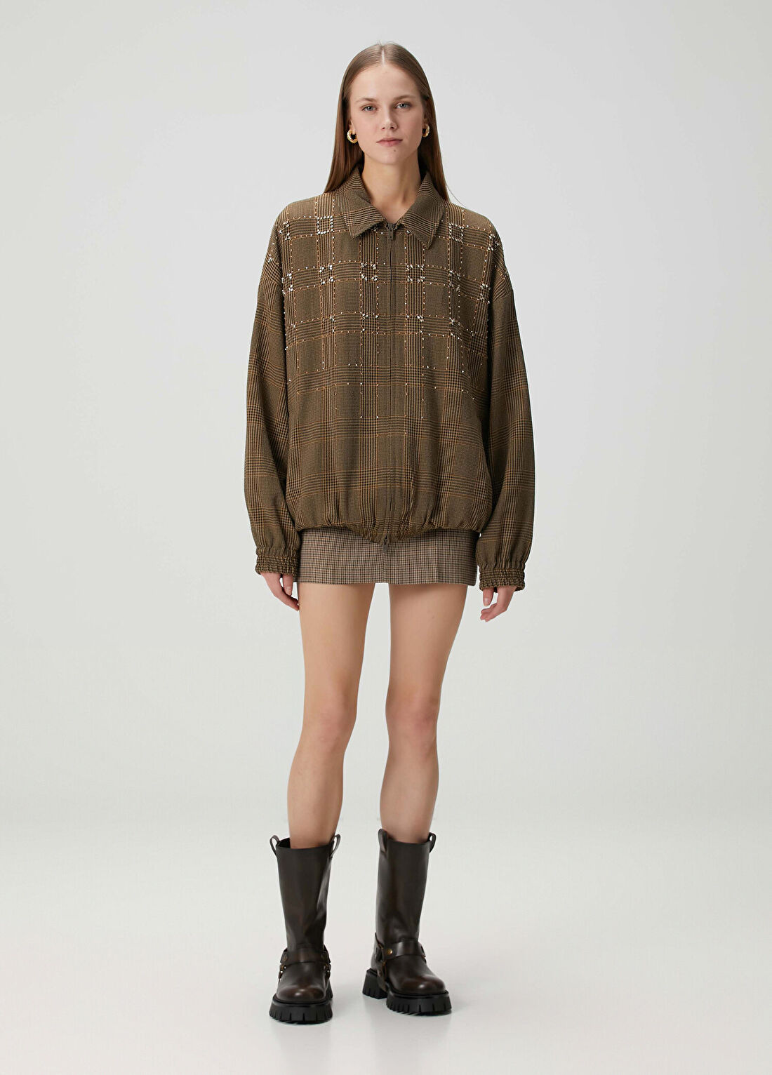 Golden Goose Bej Kahverengi Ekoseli Taşlı Yün Bomber Ceket görsel 2