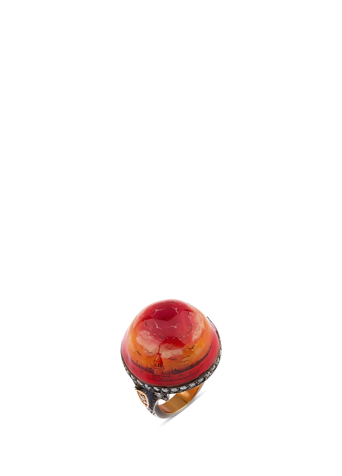 Aspendos Jewellery Istanbul Gün Batımı Detaylı Kubbe Pırlanta Taşlı 8 Ayar Altın Kadın Yüzük