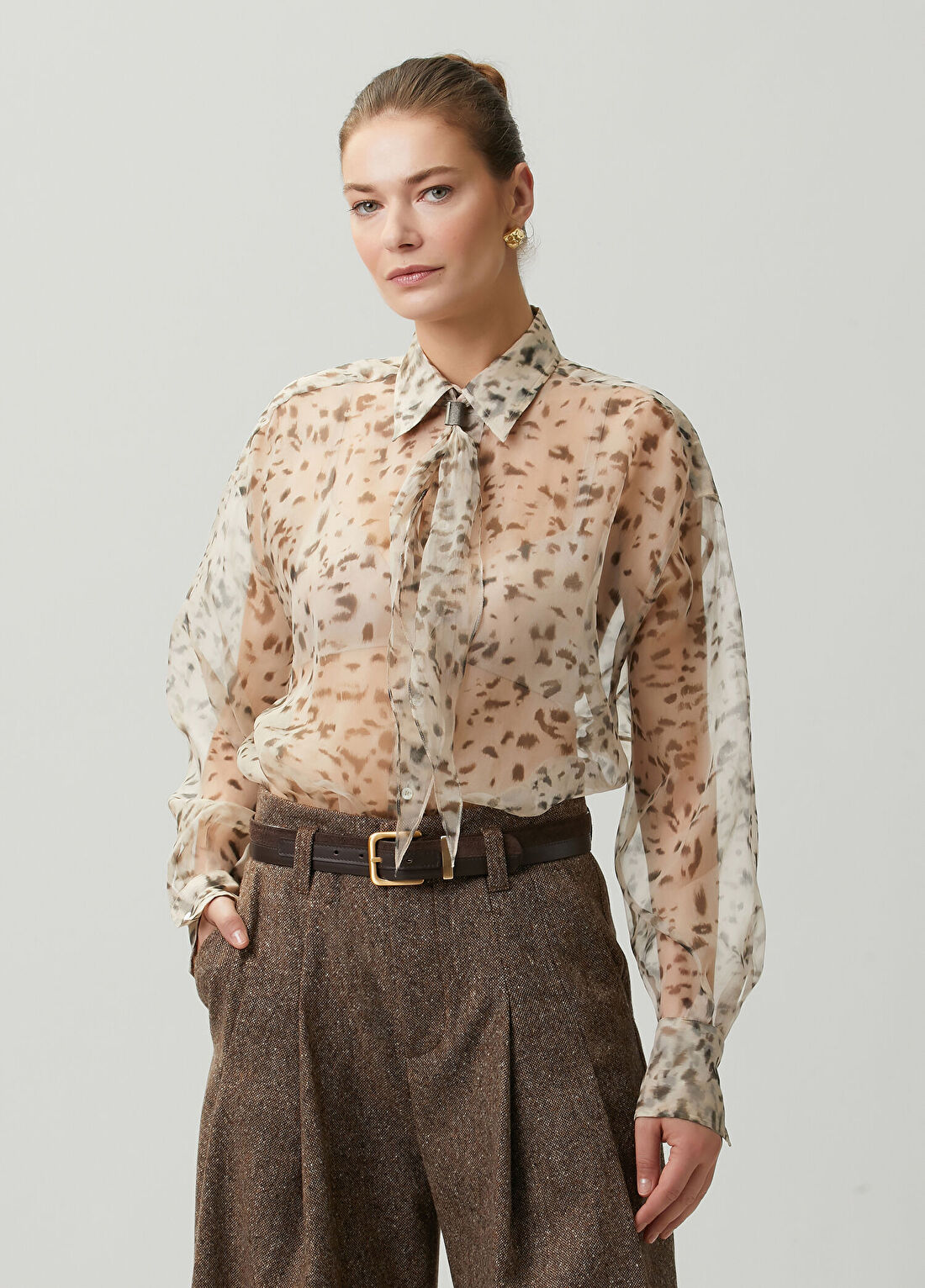 Brunello Cucinelli Leopar Desenli Transparan İpek Gömlek
